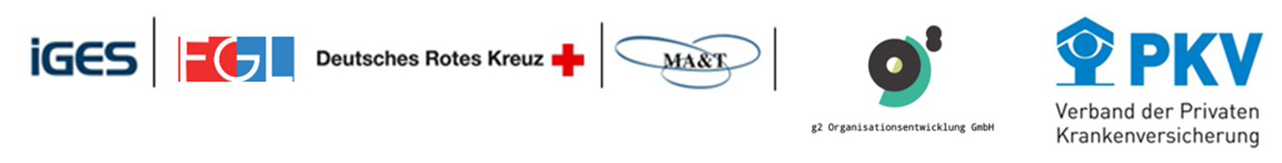Logo IGES Institut GmbH, Universität Hamburg, Logo FGL Logo Deutsches Rotes Kreuz Logo MA&T Sell & Partner GmbH Logo g2 Organisationsentwicklung GmbH Logo PKV Verband der Privaten Krankenversicherung e.V.